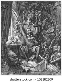 Don Quijote, Reading Novels Of Chivalry - Picture From The History Of Don Quixote Book,  Published In 1880, London - UK. Drawings By Gustave Dore.