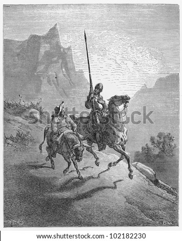 Don Quijote and Sancho Panza - Picture from The History of Don Quixote book,  published in 1880, London - UK. Drawings by Gustave Dore.