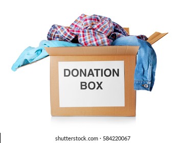 Donation Box With Clothes Isolated On White