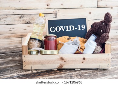 Donation box of food, clothes and medicines for the vicitims
