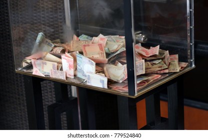 Donation Box With Indian Currency In A Public Place, A Way Collecting Money For Various Charity Based Social Work