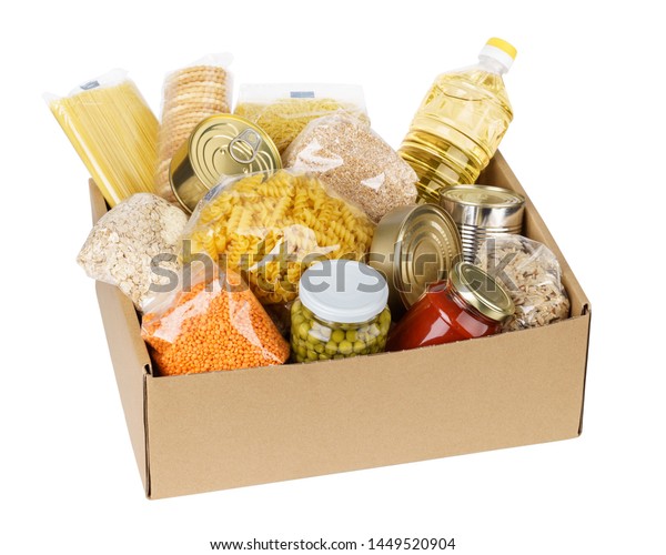 Donation Box Various Food Open Cardboard Stock Photo (Edit