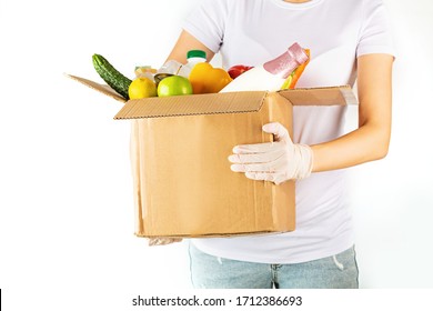 Donation Box With Various Smart Food On White Background With Copy Space. Mockup. Food Donations Or Food Delivery Service Concept. Online Shopping During Coronavirus Covid-19 Lockdown