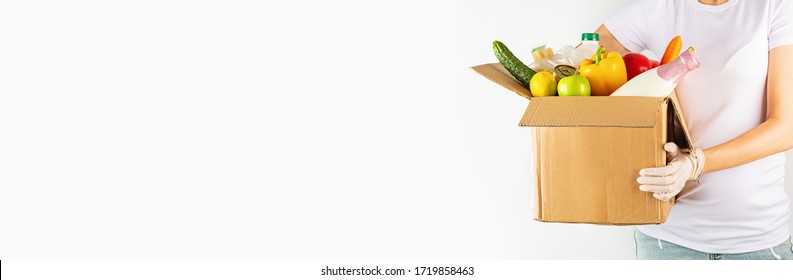 Donation Box With Various Smart Food On White Background With Copy Space. Mockup, Web Banner. Food Donations Or Food Delivery Service Concept. Online Shopping During Coronavirus Covid-19 Lockdown