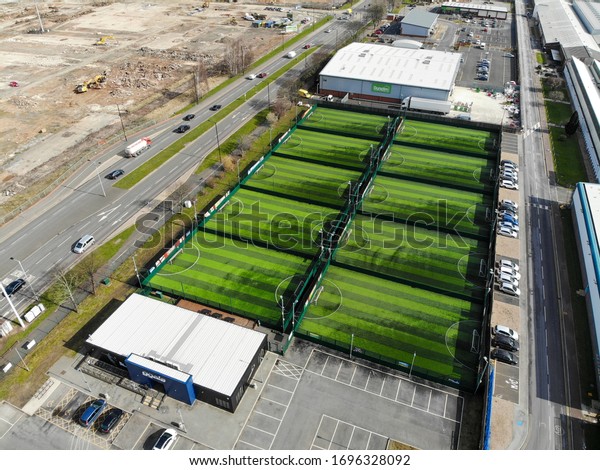 Doncaster UK,\
23rd Aug 2018: Aerial photo taken of The Goals Soccer Centre\
located in the city of Doncaster, South Yorkshire in the UK showing\
the green stripy soccer football\
pitches.