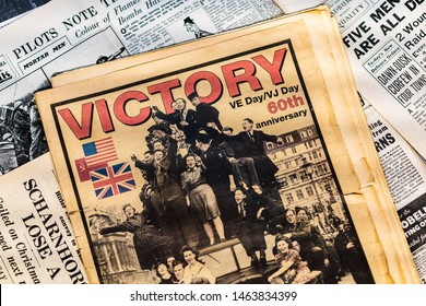 DONCASTER, UK - 28TH JULY 2019: Newspapers From World War Two With Headlines Of Victory In Europe (VE Day)