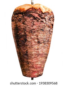 Doner kebab. Shawarma consisting of meat cut into thin slices, stacked in a cone-like shape, and roasted on a slowly-turning vertical rotisserie or spit. Isolated on white background