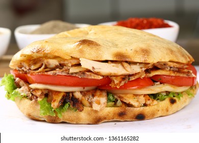 Doner Kebab Shawarma Sandwich- Grilled Chicken Meat And Vegetables In Bread