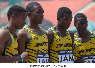 DONETSK, UKRAINE - JULY 13: Team Jamaica In The Boys Medley Relay Win The Heat During 8th IAAF World Youth Championships In Donetsk, Ukraine On July 13, 2013