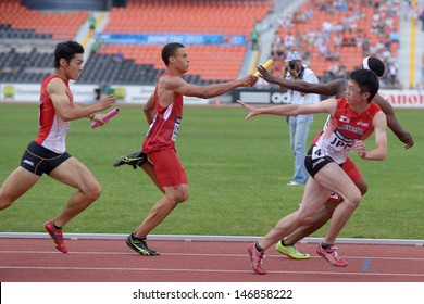 DONETSK, UKRAINE - JULY 14: Boys Compete In The Final Medley Relay During 8th IAAF World Youth Championships In Donetsk, Ukraine On July 14, 2013