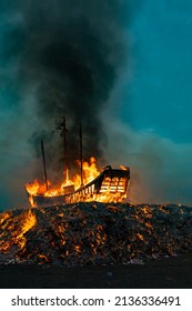 Donggang District,Pingtung County,Taiwan,November 1, 2021:A huge wooden boat was burned during this religious ceremony
