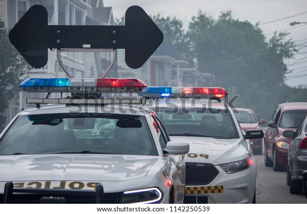 Donnacona, Quebec / Canada -\
july 25 2018 : Police cars at a major fire at Donnacona, Quebec,\
Canada