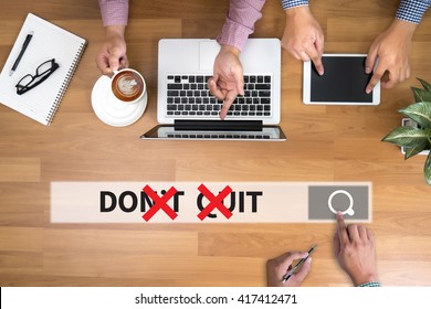 Don't Quit - Do It man touch bar search and Two Businessman working at office desk and using a digital touch screen tablet and use computer, top view