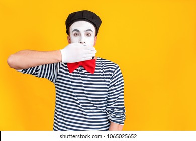 Don't Say Anymore. Mime Man Closed Mouth His Hands