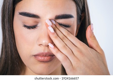 Don't Touch Your Face. Girl Rubbing Her Eye With Dirty Hands.Precautions, Avoid Touching Your Eyes. Woman Rubbing Her Eye