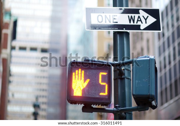 Don\'t\
walk New York traffic sign on blurred\
background