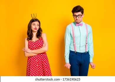 I Dont Want Dance Him. Two People Selfish Ego Girl Royal Prom Party Queen Cross Hands Look Shy Geek Stylish Guy Wear Crown Red Dotted Dress Suspenders Shirt Isolated Bright Color Background