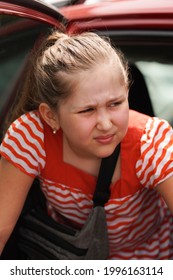 I Don't Want To Go To School.  Girl Is Angry And Disappointed With School Reopen. Portrait Of Unhappy And Sad Girl. Sad Child Don't Want To Go To School. New Academic Year, Education, Back To School.