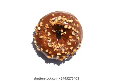 Donut. Chocolate Cake Donut with Chocolate Frosting and Peanut Chunks. Chocolate and Peanut Donut. Isolated on white. Room for text. Clipping Path. Breakfast Donut. Donuts and Coffee. Breakfast Pastry - Powered by Shutterstock