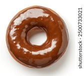 Donut with chocolate glaze isolated on white background. One round American chocolate doughnut. Front View. Top view.