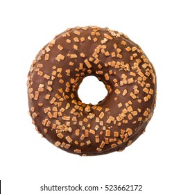 Donut With Chocolate Icing And Sprinkles Isolated On White Background. Top View.