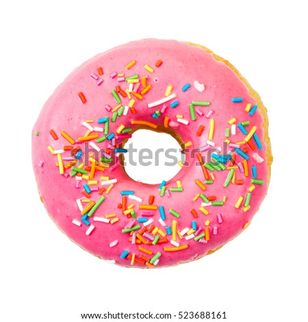 Donut with colorful sprinkles isolated on white background. Top view.
