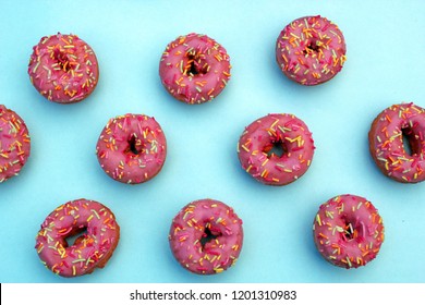 Donut Donuts Icing Sprinkles On Doughnuts Pacific Pink Glazed Frosting Bright Sugar Strands Teal Cyan Blue Background 100s And Thousands Decoration Pop Art Collage Turquoise  Modern Donut Zine Pink 