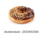 Donut or Doughnut isolated on white background with clipping path,  Two Donuts or Doughnuts with chocolate brown glazed cream or icing without sprinkles. Dessert on birthday, holiday party.