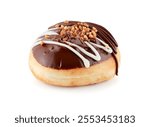 Donut or Doughnut isolated on white background with clipping path,  Donuts or Doughnuts with chocolate brown glazed cream or icing without sprinkles. Dessert on birthday, holiday party.