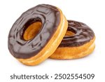 Donut or Doughnut. Two Donuts or Doughnuts with chocolate brown glazed cream or icing without sprinkles. Dessert on birthday, holiday party. Advertising coffee shop, bakery, cafe. American style Donut