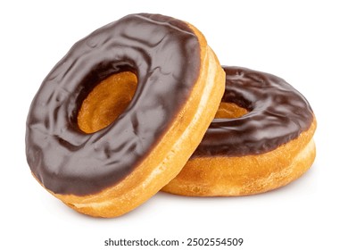 Donut or Doughnut. Two Donuts or Doughnuts with chocolate brown glazed cream or icing without sprinkles. Dessert on birthday, holiday party. Advertising coffee shop, bakery, cafe. American style Donut - Powered by Shutterstock