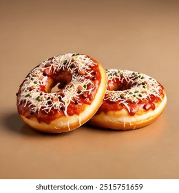Donut or doughnut. Two donut or doughnut with red or tomato or chili pizza sauce and grated cheese with black pepper on brown background. Dessert on party, holiday, birthday