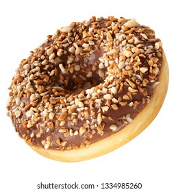 Donut with frosted chocolate glaze and nuts sprinkles isolated on white background. One round chocolate and nuts doughnut. - Powered by Shutterstock