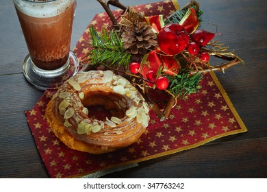 Donut And Hot Cafe With Chrismtas Background