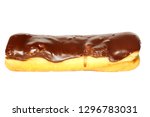Donut. Long John Chocolate Iced Donut. Isolated on white. Room for text. 
