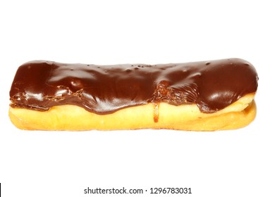 Donut. Long John Chocolate Iced Donut. Isolated On White. Room For Text. 
