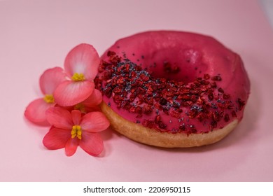 Donut With Pink Icing And Colored Sprinkles, Poppy Seeds And Dry Raspberry On Pink Background With Edible Rose Begonia Petals Flowers. Tasty Delicious Fat High Calories Sweet Food. Selective Focus