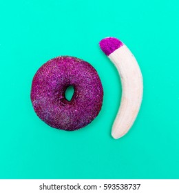 Donuts and banana. Glitter. Stylish minimalism