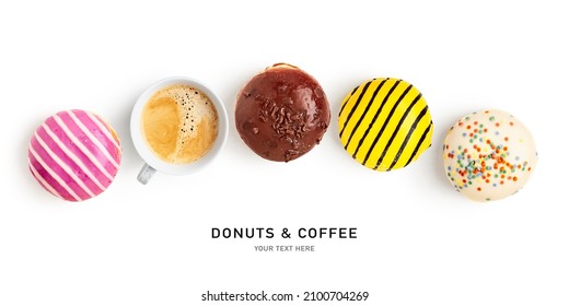 Donuts And Coffee Creative Layout Isolated On White Background. Healthy Sweet Food And Holiday Concept. Tasty Dessert With Colorful Berliner Doughnuts. Flat Lay, Top View. Design Element
