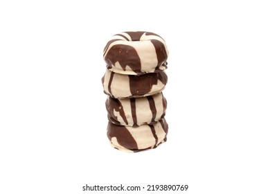 Donuts Covered With Chocolate And White Chocolate, Isolated In White Background. A Donut Has Approximately 300 Calories And 25 G Of Fat On Average.