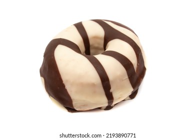 Donuts Covered With Chocolate And White Chocolate, Isolated In White Background. A Donut Has Approximately 300 Calories And 25 G Of Fat On Average.