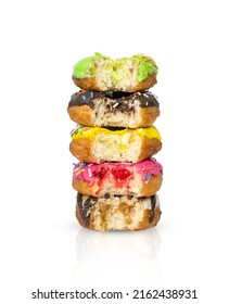 donuts with different fillings in a stack and with bitten off pieces
