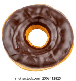 Donuts or Doughnuts. One Donut or Doughnut with chocolate brown glazed cream or icing without sprinkles. Dessert on birthday, holiday party. Advertising coffee shop, bakery, cafe. American style Donut - Powered by Shutterstock