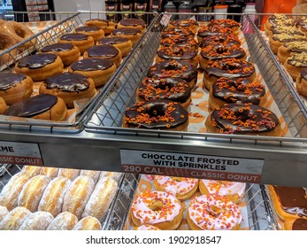 Donuts exhibited at a donut shop