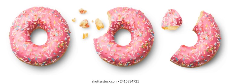 Donuts isolated set. Fresh donut, bitten and half a donut on a white background, top view.