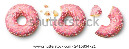 Donuts isolated set. Fresh donut, bitten and half a donut on a white background, top view.