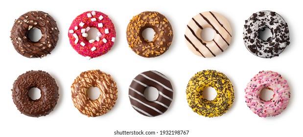 Donuts set with colorful sprinkles isolated on white background. Top view. - Powered by Shutterstock