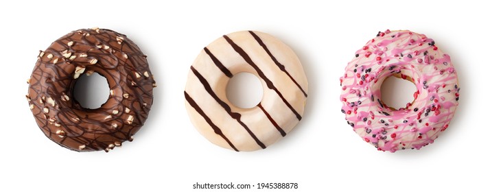 Donuts set with colorful sprinkles isolated on white background. Top view. - Powered by Shutterstock