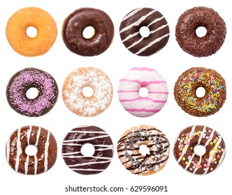 Donuts Set Isolated on White Background. You get different type of donuts: with chocolate, pink, with stripes,with syrup and sugar powder. 
