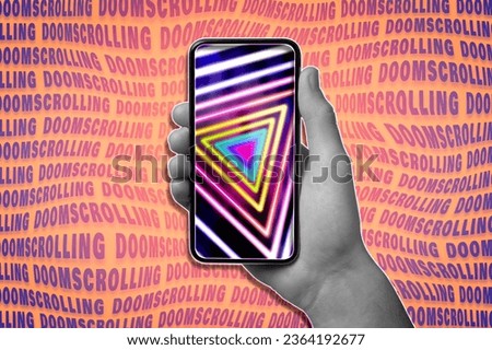 Doomscrolling concept. Man holding mobile phone with geometric pattern on screen against bright background with words